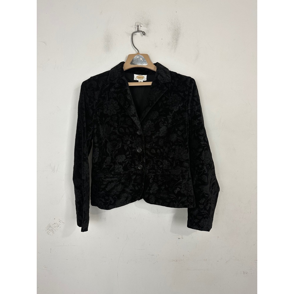 Talbots Petites Black Floral Velvet Blazer Jacket Womens 10P Cotton 3-Button